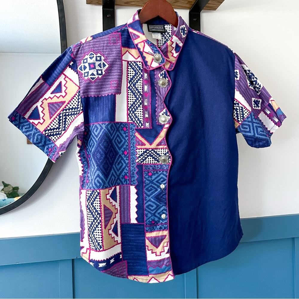 Vtg 90s Rough Riders Southwestern Aztec Print Button Down Shirt Women's Large